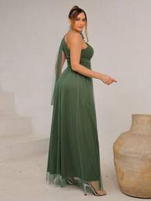 Long One-Shoulder Dress With Glittery Flower - Olive Green - View 5