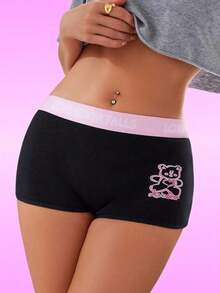Women's Colorblock Bear And Letter Printed Booty Shorts - Black - View 1