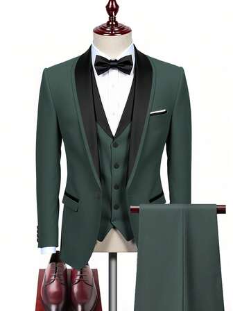 Men's Fashion New Solid Color Slim Fit Stretch 3 Pieces Suit Set, Including Blazer, Vest, Pants, Formal Work Outfit, Evening Suit