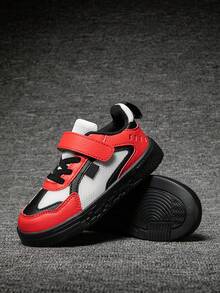 1 par de zapatillas casuales para niños, de tela y diseño, planas, transpirables, elásticas, suaves, ligeras, antideslizantes, con , adecuadas para correr, caminar, todo el año, primavera/otoño - negro rojo - Ver 4