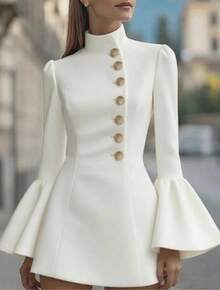 Women's High Neck Puff Sleeve Button Decorated A Line Mini Dress - White Bell Sleeves - View 1