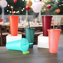10/20/30 Pack Fashionable Plastic Cup 5 Dark Color Glitter  With Lids And Green Straws-24oz Reusable Plastic Cup, Portable And Watertight, Suitable Party And Outdoor Entertainment Fit Adults, Women, Party, Halloween Gifts Summer Beaches, Weddings, Offices, Picnics, Take Photos - 5色閃粉 - 查看 7
