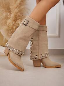 fandelle Women's Western Style Pointed Toe Side Zipper Studded High Heel Mid-Calf Boots - Beige - View 4