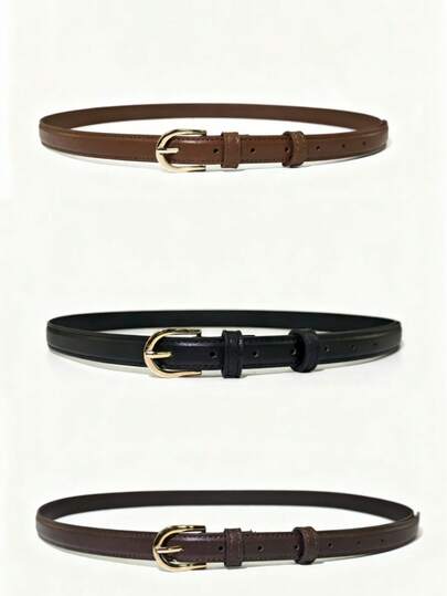 3pcs Women's Elegant Luxury Minimalist Oval Buckle Versatile PU Leather Belt, Suitable For Dresses, T-Shirts, Jeans, Suits, Casual, Office, Wedding, Commuting