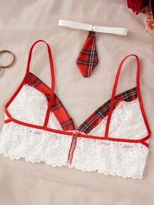 2pcs Women New Sexy Lingerie Cosplay School Girl Cute Bow Red Plaid Skirt Sexy Underwear,Halter Plaid Skirt Set, Costume,Christmas Lingerie - 紅白色 - 查看 10