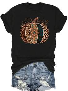 [Camiseta de moda casual] Camiseta suave y cómoda para mujer - Estampado de leopardo y flores de calabaza, manga corta, cuello redondo, casual. Regalo perfecto para la abuela y la mamá, uso casual en primavera y verano - Negro - Ver 1