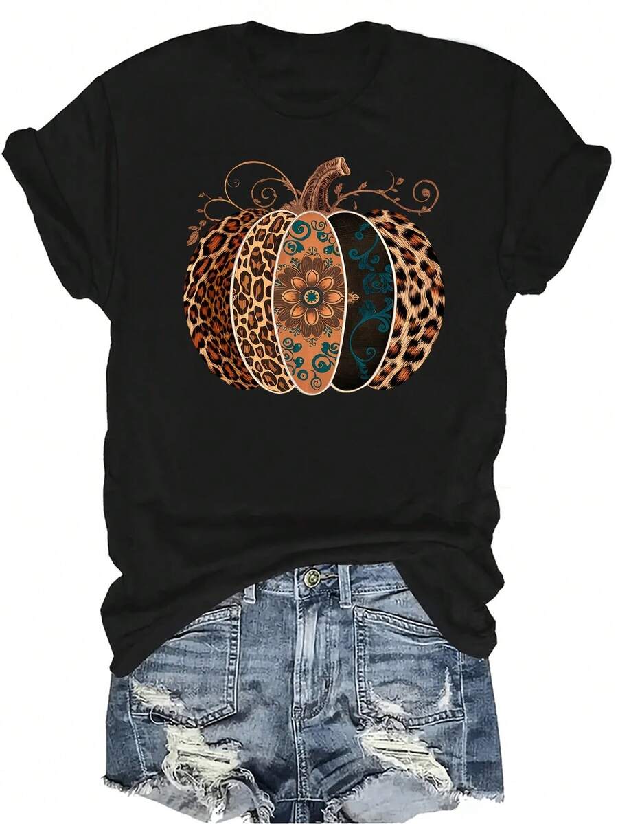 [Camiseta de moda casual] Camiseta suave y cómoda para mujer - Estampado de leopardo y flores de calabaza, manga corta, cuello redondo, casual. Regalo perfecto para la abuela y la mamá, uso casual en primavera y verano - Negro - Ver 1