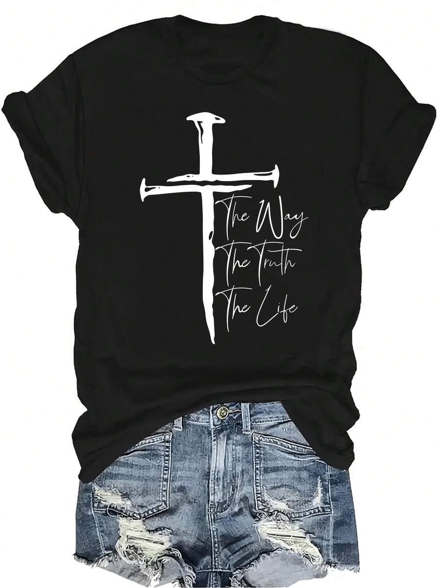 [Camiseta de moda casual] Camiseta suave y cómoda para mujer - Diseño de cruz de fe Parte superior de manga corta y cuello redondo casual, regalo perfecto para la abuela y la mamá, uso casual de primavera y verano - Negro - Ver 1