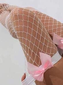 1 Pair Sexy Women's Pink Fishnet Thigh-High Stockings With Bowknot Decor, Soft Knit Fabric, Elastic Cuff For Cosplay, Christmas Parties, And Romantic Occasions