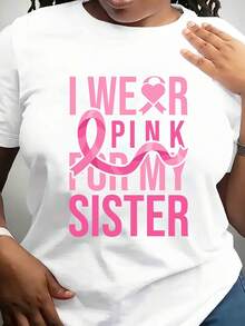 Women's Breast Cancer Awareness 'I Wear  For My Sister' Graphic Tee - Comfortable & Breathable High-Stretch  Knit, Short Sleeve Sporty Casual T-Shirt With Crew Neck - Spring Summer F,220g