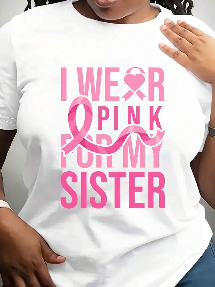 Women's Breast Cancer Awareness 'I Wear  For My Sister' Graphic Tee - Comfortable & Breathable High-Stretch  Knit, Short Sleeve Sporty Casual T-Shirt With Crew Neck - Spring Summer F,220g
