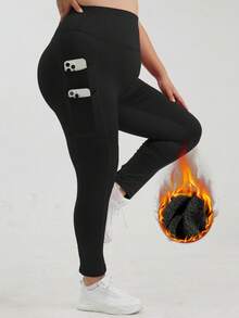 Winter 1pc Plus Size Ribbed Brushed Leggings For Yoga, Outer Wear, With 4 Pockets, Front Design For No Embarrassment, Double-Layer Waistband For Tummy Control, Autumn/Winter