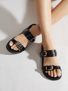Casual Black Flat Sandals With Metal Square Buckle, Ideal For Vacation