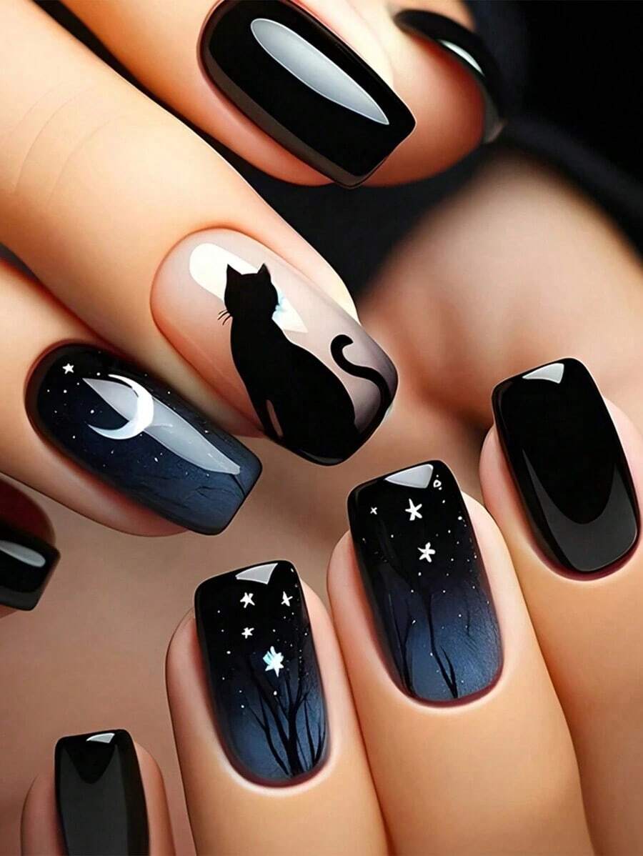 Y2K Update Your Look 24Pcs Short Square Super Glossy Press On Nails Dark Blue Fashion Gradient Geometry Stripe Cute Cat Moon Star Plain Color Pattern Beauty Simple Style Fake Nails Artificial Finger Manicure False Nails For Women Sweet,Cute,Minimalist,And Elegant Style Nail Art Set With Detachable Fake Nails Patches Suitable For Holiday Wear, Parties, Friends, Dates, Daily Wear Nail Supplies Nails - 藏蓝色 - 查看 1