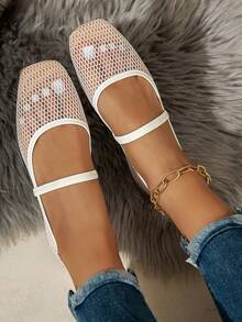 Giày bệt nữ thời trang Thu/Đông, giày bệt lưới màu trơn thoáng khí, kiểu Mary Jane, giày búp bê. - Màu be - Xem 3