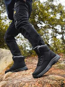 冬季户外运动男士徒步靴 - 真皮雪地靴 - 时尚大码高帮皮靴 - 休闲黑色橡胶鞋