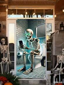 Bannière de porte 2D 1 Crâne d'Halloween, bannière de porte de salle de bain, décoration de fête multifonctionnelle en polyester, thème de maison hantée d'horreur, sans électricité requise, convient pour une utilisation intérieure et extérieure, convient pour un photomaton, décoration murale, idéal pour les mariages, enterrements de vie de jeune fille, anniversaires, pendaison de crémaillère, Noël, Pâques, Thanksgiving et Nouvel An.