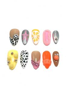 10 Pieces Made By Hand, 2.5 Cm Almond-Shaped Decorative Nails, Beach Essentials, Nail Patch, Press-On Nails, Nails, Supplies, Summer Nails, Press-On Acrylic Nails, Long Nails, Chocolate, Grape, Chocolate, Jelly, Orange, Lemon, Rhinestone, Pearl, Three-Dimensional Design, Gradient, Three-Dimensional Sculpture Modeling Glue, And Versatile,