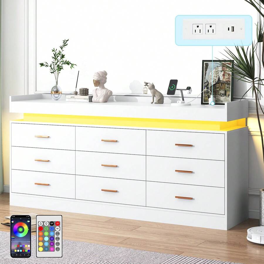 9 Drawer Dresser With Charging Station And USB Powered LED Lights ...