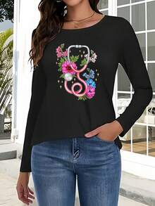 Women's Long Sleeve T-Shirt With Floral Stethoscope Design - Comfortable Crew Neck Top For Nurses And Medical Professionals - Ideal For Work, Everyday Wear, And Gifts - Soft Fabric, Unique Graphic Tee For Women - 黑色 - 查看 1