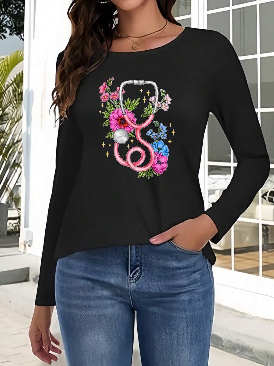 Women's Long Sleeve T-Shirt With Floral Stethoscope Design - Comfortable Crew Neck Top For Nurses And Medical Professionals - Ideal For Work, Everyday Wear, And Gifts - Soft Fabric, Unique Graphic Tee For Women - 黑色 - 查看 1