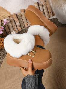 秋冬季绒面带保暖内衬雪地靴，居家/沙滩两用，毛绒靴 - 駝色 - 查看 1