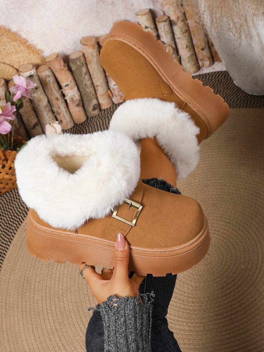 秋冬季绒面带保暖内衬雪地靴，居家/沙滩两用，毛绒靴 - 駝色 - 查看 1