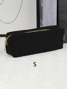 1pc Corduroy Zipper Pencil Case, Striped Design Pen Bag, Daily Small Items And Student Stationery Storage, Women's Cosmetic Pouch, Pen Organizer Bag, Back To School Essential Gift, School Supplies (Black)