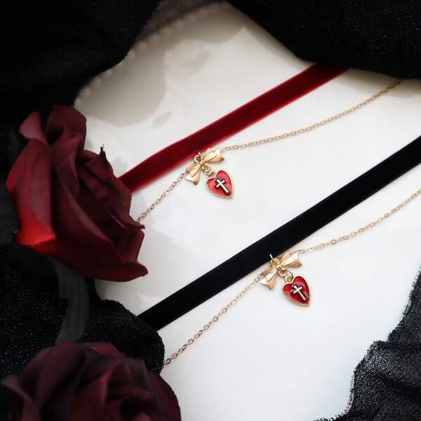 1pc Fashion Faux Dark Red Rose Thorn Choker Necklace, Black Velvet Collar Necklace For Women, Suitable For Halloween Cosplay, Party, Daily Wear, Evening Events