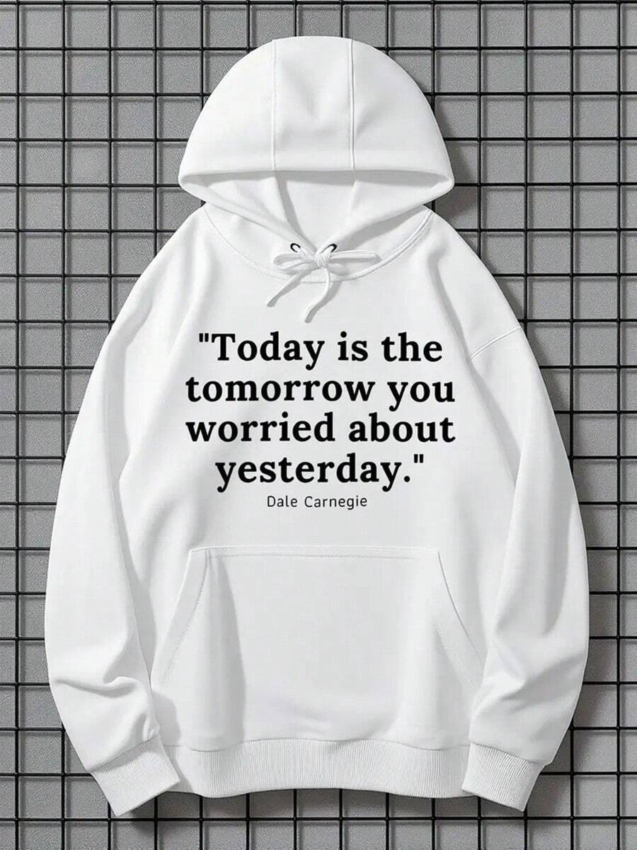 Dale Carnegie Today Is The Tomorrow You Worried About Yesterday Hoodie - Long Sleeve, Knit Fabric, Relaxed Fit, Full Size, Fashionable Graphic Print, Perfect For Casual Outings And Daily Wear,Fall Hoodies,Men's Fall Clothes,Street Wear,Halloween,Mens Hoodies,Y2k Clothes,Jesus Hoodie,Thanksgiving Day,Nightmare Before Christmas,Christmas - 白色 - 查看 1