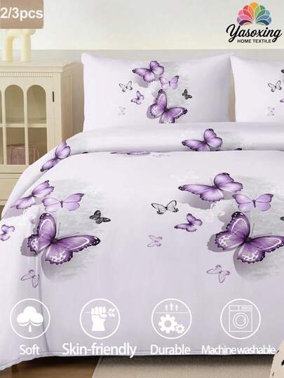 2/3pcs Purple Butterfly Print Duvet Cover Set, Breathable & Super Soft, Suitable For All Seasons (1pc Duvet Cover + 1/2pcs Pillowcase, Excluding Filler), Soft Dual-Color Design, Ideal For Bedroom, Guest Room, Dorm. 1pc Duvet Cover + 1/2pc Pillowcase (Excluding Comforter), Machine Washable. Sizes: M, King, Queen, Full, Twin. Dorm Bedding, Back To School Bedding.