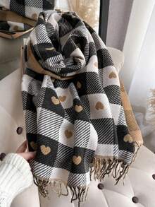 1pc Women's Autumn/Winter Heart-Shaped Scarf, Plaid Warm Scarf/Shawl, Thick Oversized Blanket Scarf, Suitable As Gift For Dress - Multicolor - View 3
