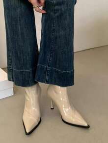 2025秋冬新款欧美尖头高跟踝靴，修身拼接踝靴，复古棕色踝靴，猫跟靴 - 米色 - 查看 4