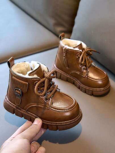 1 Pair Unisex Thick Sole Solid Color Boots, Wear-Resistant Anti-Slip Infant Ankle Boots, British Style Thermal Lined Warm Children Outdoor Leather Boots, Suitable For Autumn/Winter