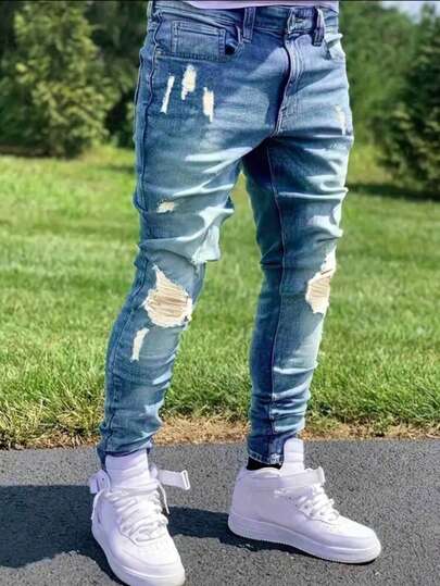 1pc Teenage Boys' Blue Distressed Elastic Skinny Casual Retro Comfortable Jeans