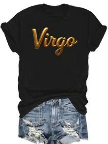 [Camiseta de moda casual] Camiseta suave y cómoda para mujer - Camiseta de manga corta de cuello redondo con arte de guión dorado de Virgo, regalo perfecto para la abuela y la mamá, uso casual de primavera y verano - Negro - Ver 1