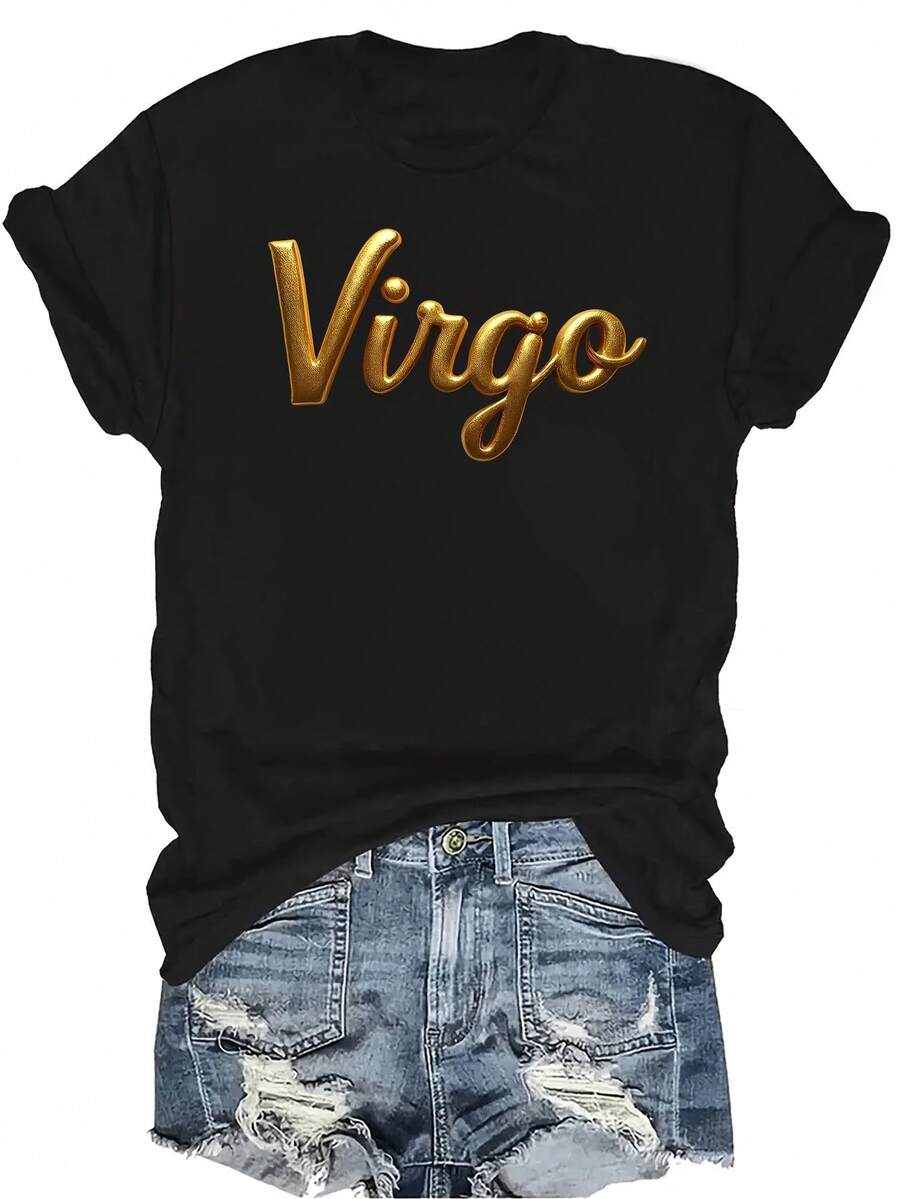 [Camiseta de moda casual] Camiseta suave y cómoda para mujer - Camiseta de manga corta de cuello redondo con arte de guión dorado de Virgo, regalo perfecto para la abuela y la mamá, uso casual de primavera y verano - Negro - Ver 1