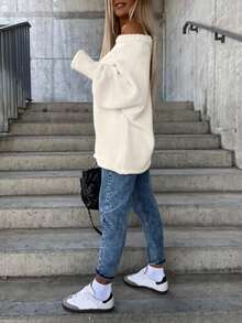 女士休闲时尚单肩灯笼袖针织宽松毛衣 白色 - 白色 - 查看 3