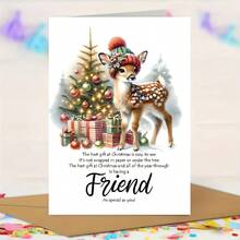 1pc Festive Christmas Card With Envelope - Adorable Deer & Tree Design, "The Heat At Christmas Is Easy To See" Quote, Perfect For Friends, Paper Material, No Power Needed, Holiday Greeting Card | Cheerful Holiday Design | Paper Card, Christmas Cards