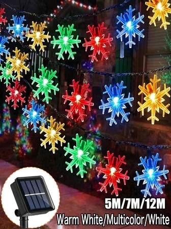 1個 ソーラーガーデンストリングライト、フェアリースノーフレークライトストリング、5m 20LED / 7m 50LED / 12m 100LED クリスマスライト、屋外防水フェアリーライト、8モードオプション メモリ機能付き、クリスマスツリー、ガーデン、窓、階段、ポーチ、中庭の装飾に適しています、新年とクリスマスの雰囲気を演出