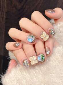 10pcs Elegant Ice-Transparent Flower Cat Eye Handmade Press On Nails Short Oval Fake Nails, Full Diamond Glitter, 3D Floral Decoration, Christmas Valentine'S Day Fake Nails, With Jelly Glue And Nail File, For Party Decoration & Daily
