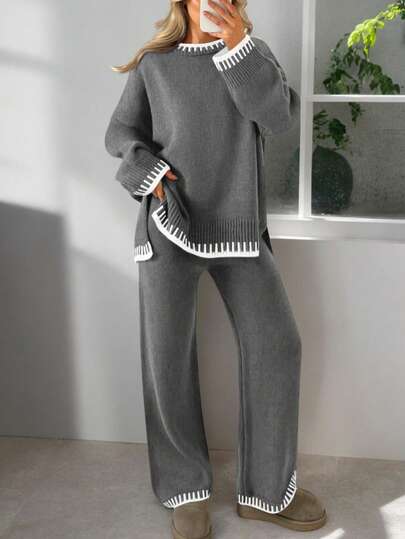 2pcs Women Colorblock Sweater Set, Long Sleeve Crew Neck Sweater Top And Pants, Women Casual Loungewear Set For Autumn/Winter