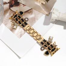 1条女士真皮绳吊坠不锈钢表带，兼容38/40/41/42/44/45/49mm表带，适用于Ultra/SE/8/7/6/5/4/3/2/1 - 金色 - 查看 8