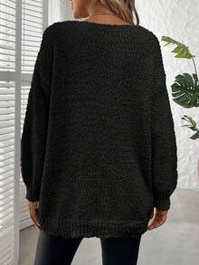 Plus Size Solid Color Crew Neck Casual Long Sleeve Knit Sweater Black Vacation - Black - View 3