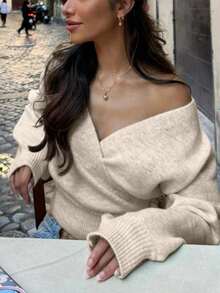 2025 Autumn/Winter Wrap Tie Knit Sweater, White, Women's Essential For Home, Commute, Date, Travel, Suitable For Various Occasions, Light Gray