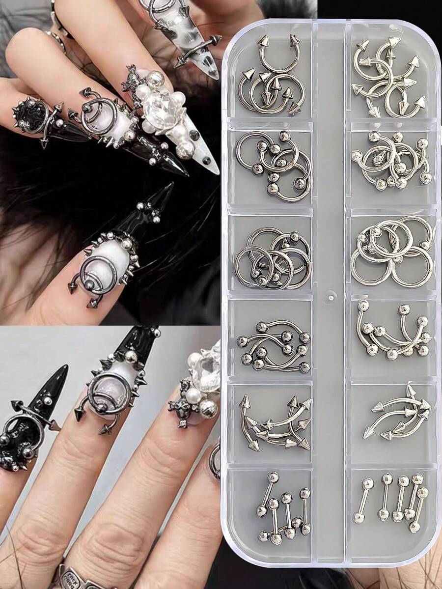 1Box/12 Grids Punk Metal Spike & Chain Nail Embellishments Kit - Gothic Diy Nail Art Accessories Nail Supplies Nails Nail Charms Nail Gems