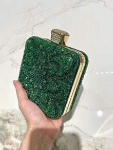 1pc Green Double-Sided Rhinestone Elegant Box-Shaped Evening Clutch Bag, Suitable For Formal Occasions Like Banquet, Wedding, Party, Fashion Handbag, Crossbody Chain Bag