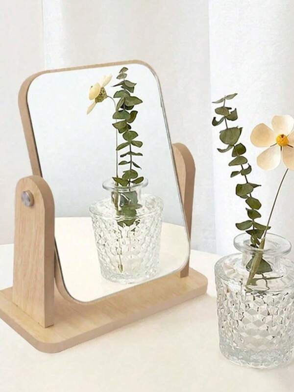 1pc Minimalist Wooden Vanity Mirror, Retro Tabletop Makeup Mirror Large Size For Home, Student, Bathroom Accessories, Makeup Tools, Vanity Decor