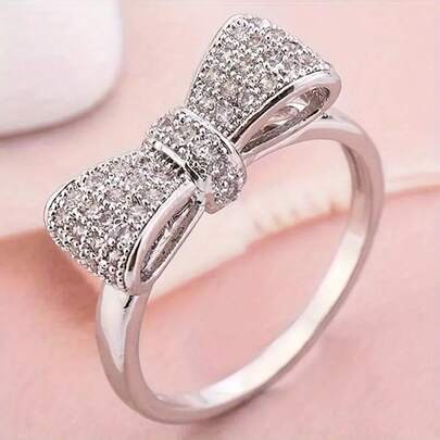 Elegant Promise Ring Women Bowknot Cubic Silver Plated Zirconia Ring Wedding Engagement Gift Jewelry