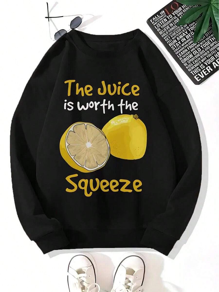 Men'S Casual Crew Neck Sweatshirt, The Juice Is Worth The Squeeze Print, Loose Fit, Long Sleeve, Polyester Blend, Fall-Winter Fashion, Regular Fit, Sweater Hoodie,Fall Hoodies,Men's Fall Clothes,Street Wear,Halloween,Mens Hoodies,Y2k Clothes,Jesus Hoodie,Thanksgiving Day,Nightmare Before Christmas,Christmas - 黑色 - 查看 1